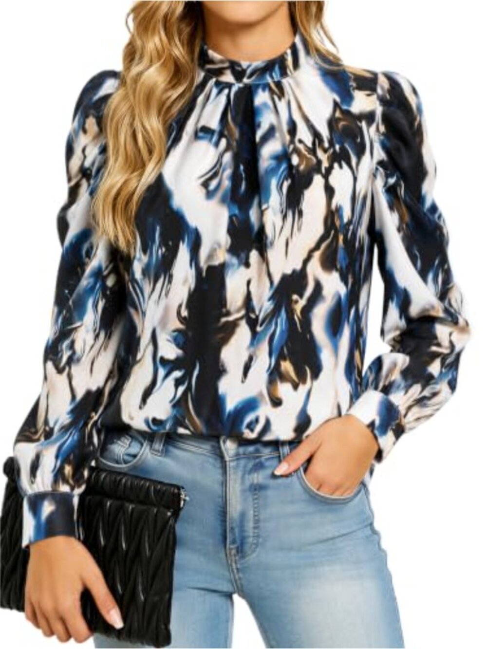 Puff Long Sleeve Mock Neck Blouse Pleated Chiffon Business Casual Top